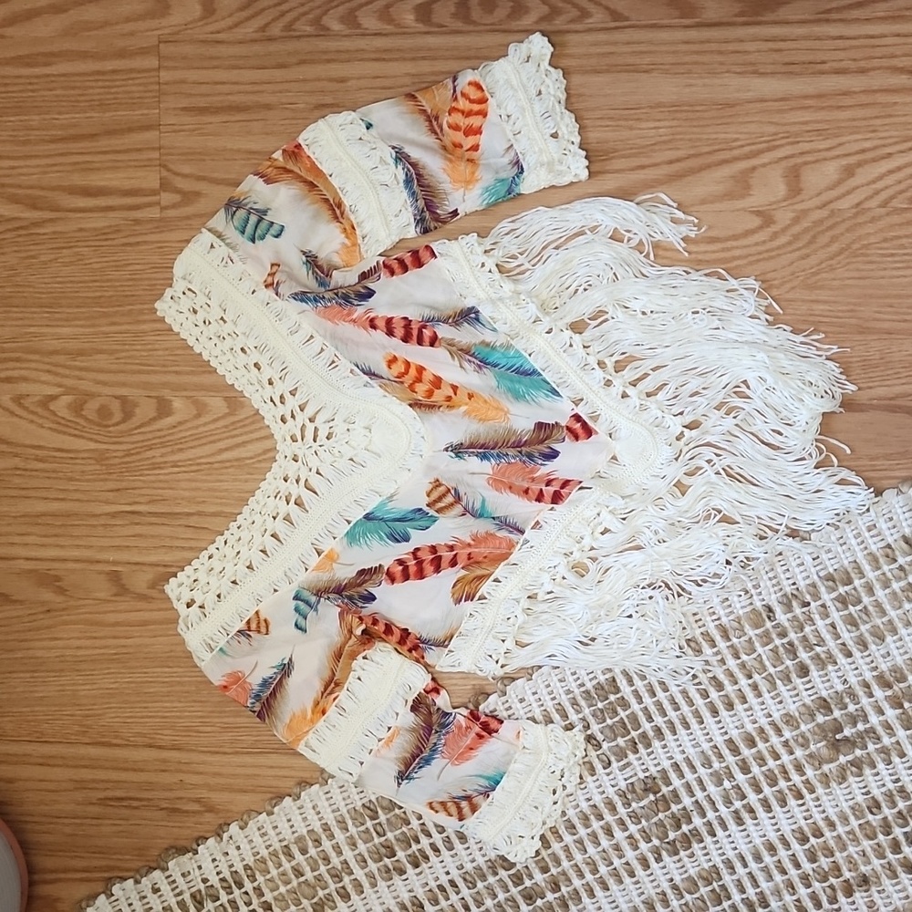 Hollow Boho fringed shawl, feather pattern, blouse
